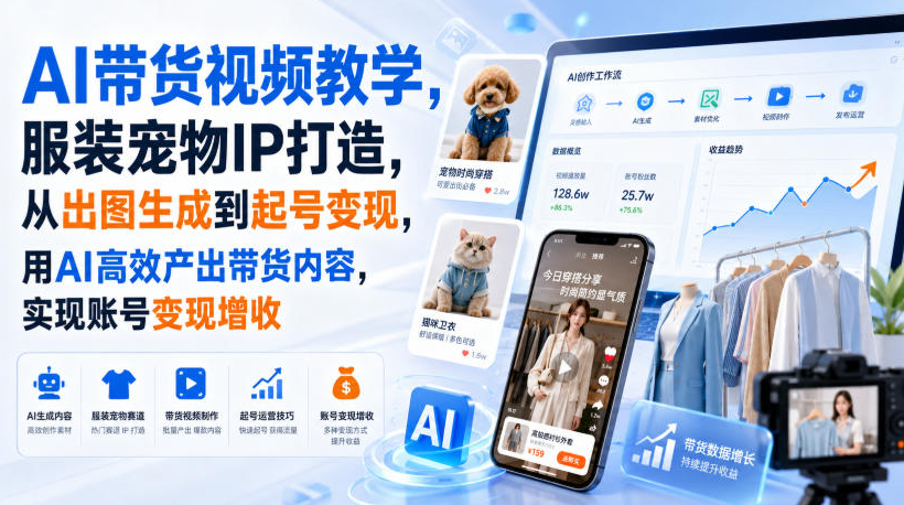 AI带货视频教学，服装宠物IP打造，从出图生成到起号变现，用AI高效产出带货内容，实现账号变现增收