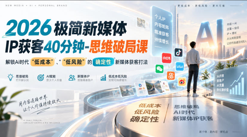 2026极简新媒体IP获客40分钟-思维破局课，解锁Ai时代“低成本”、“低风险”的确定性新媒体获客打法