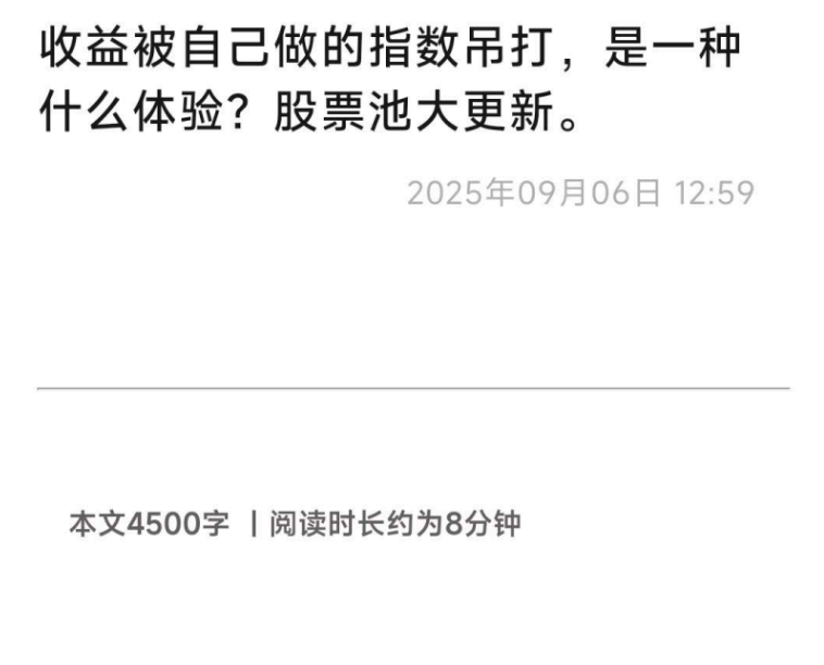 【大佳的投资笔记付费文250906】：收益被自己做的指数吊打，是一种什么体验？股票池大更新