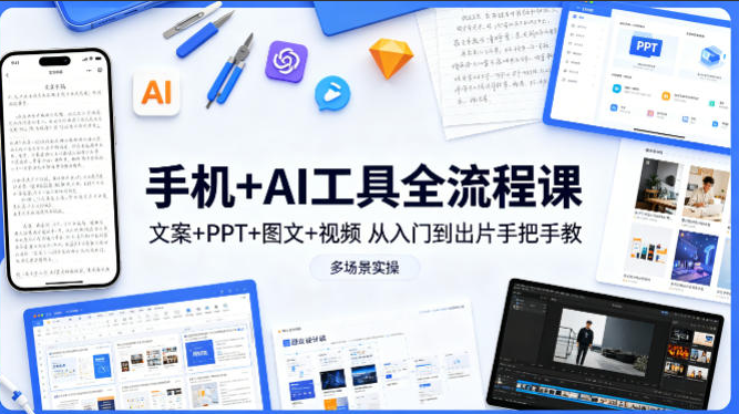 林老师手机+AI工具全流程课，文案+PPT+图文+视频，从入门到出片手把手教，多场景实操